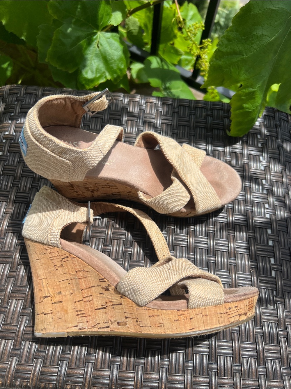 Toms Beige Sierra Crisscross Wedge Sandals with linen Ankle Strap